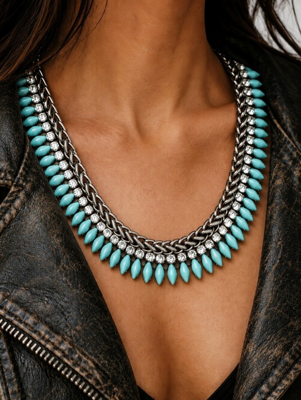 CHICO'S Turquoise Color Navette Statement Necklace Clear Rhinestones Silver Tone